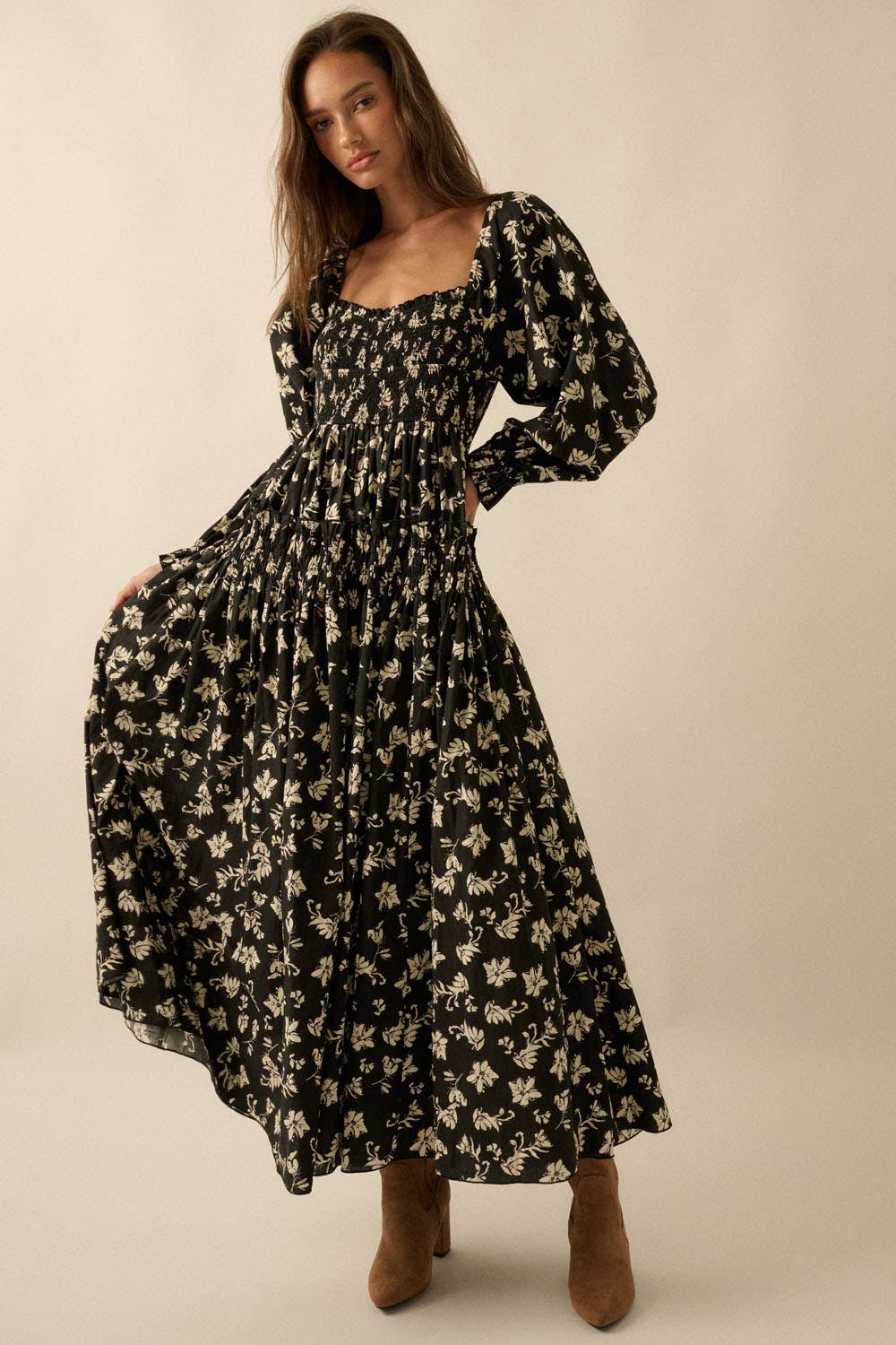 Floral-Print Smocked Bubble-Sleeve Midi Dress
