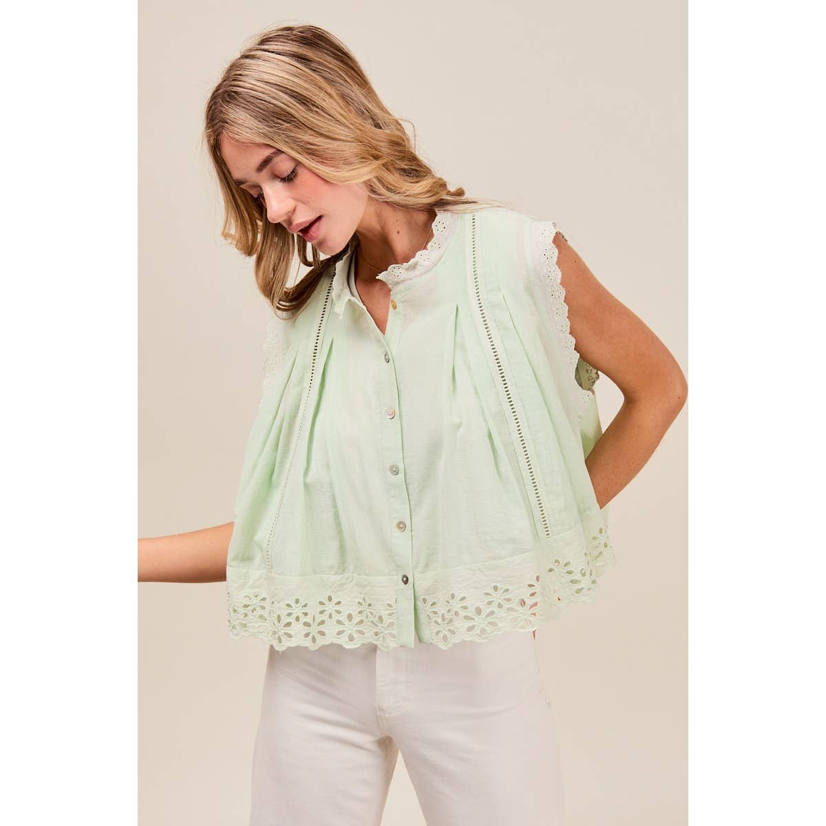 Eyelet Pleated Sleeveless Swing Top