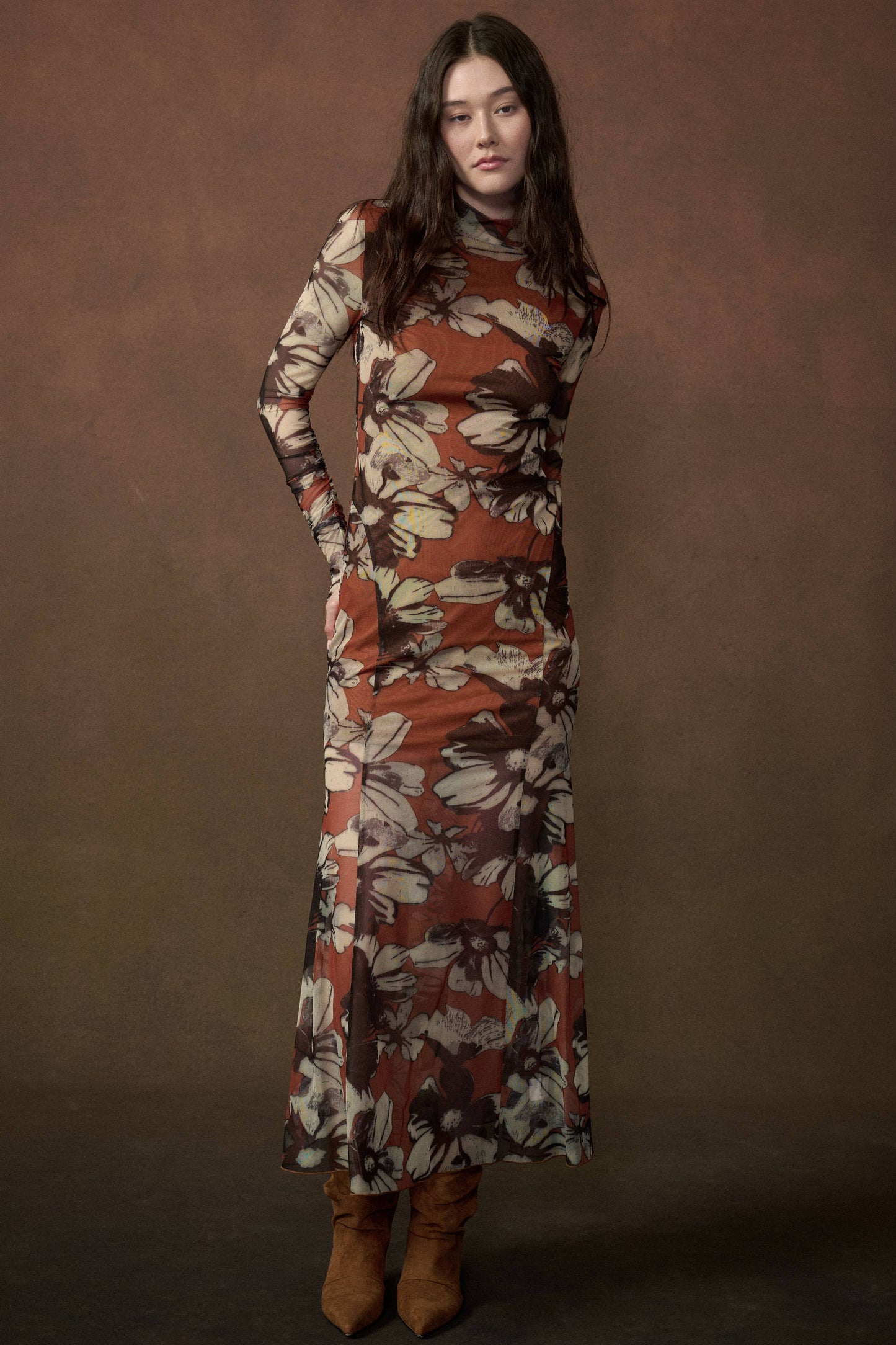 Floral-Print Mesh Mock-Neck Thumbhole Maxi Dress