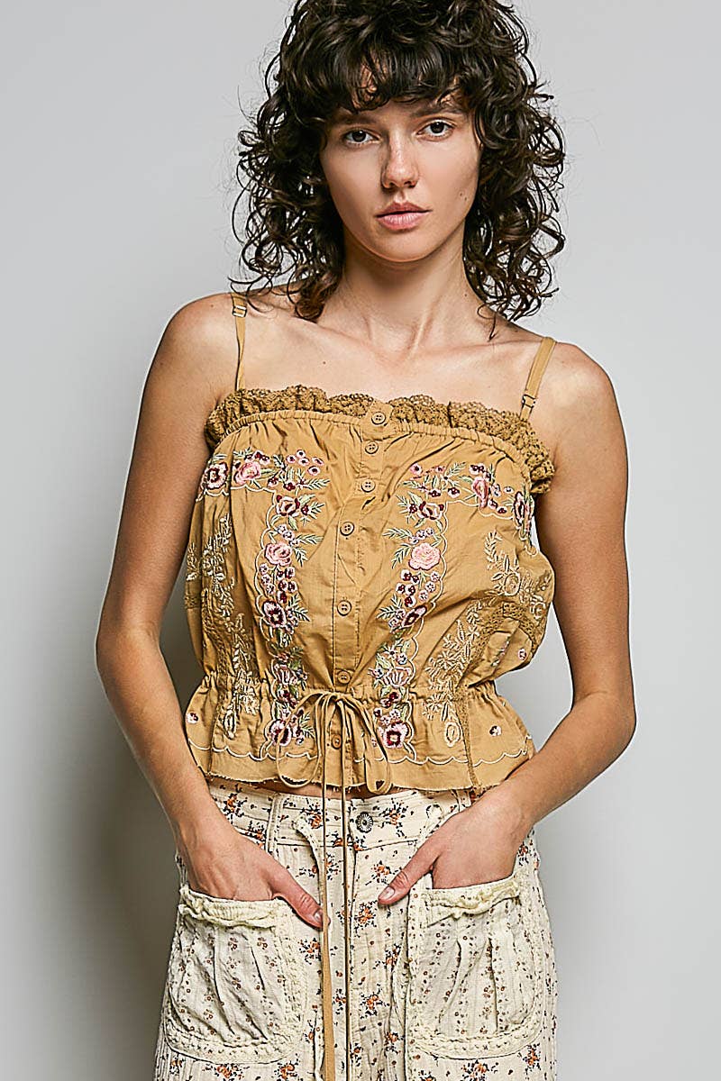 Floral Embroidered Tie Waist Tank