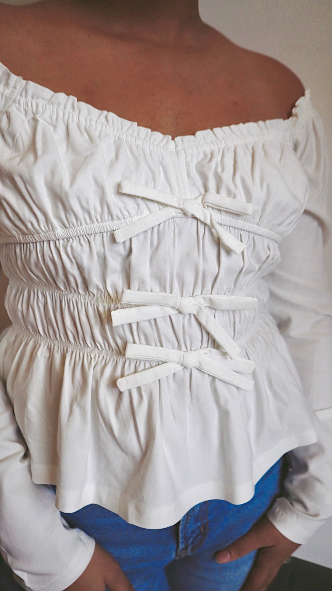 Smocked Bow Long Sleeve Blouse