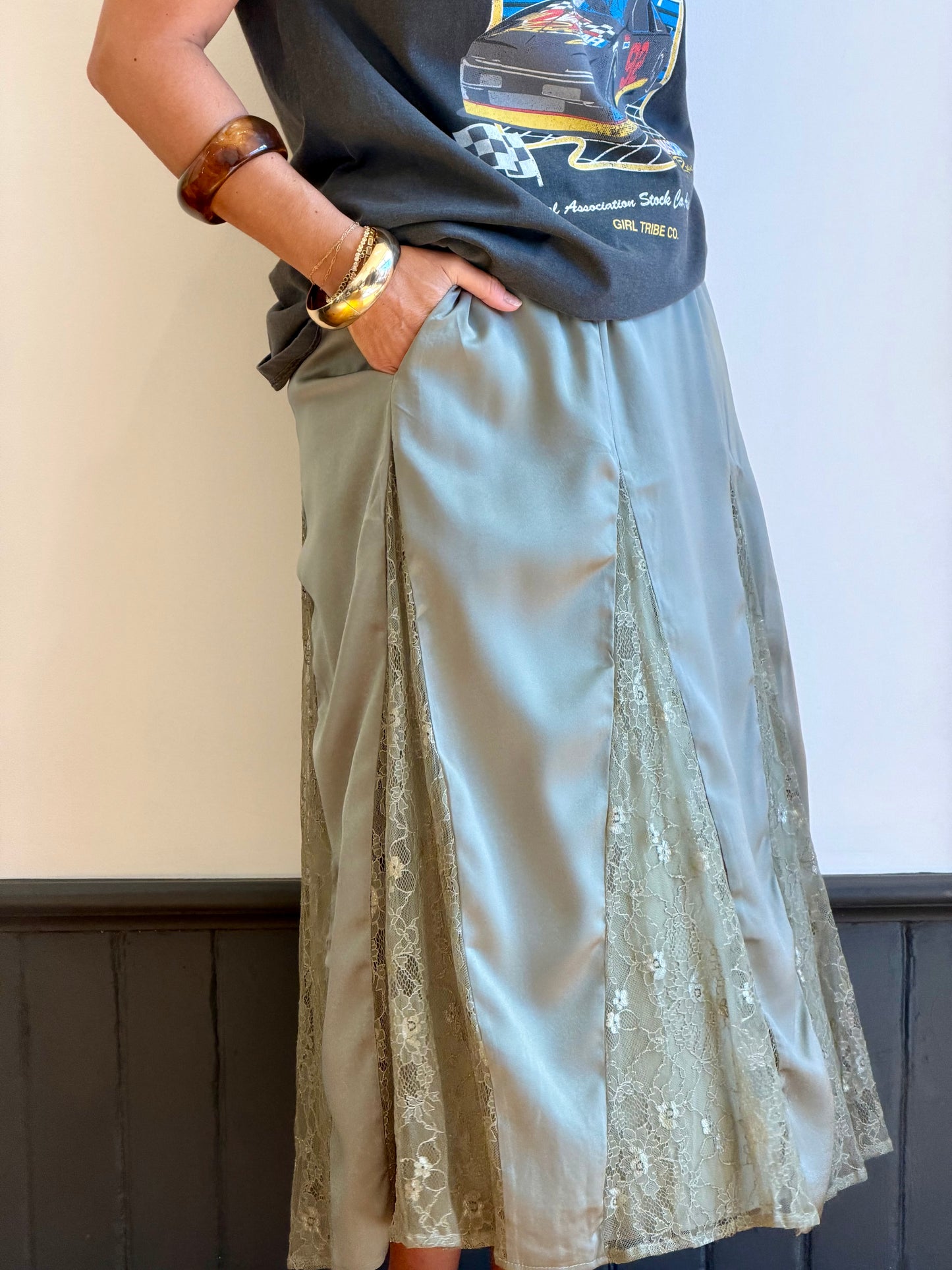 Lace Inset Satin Midi Skirt