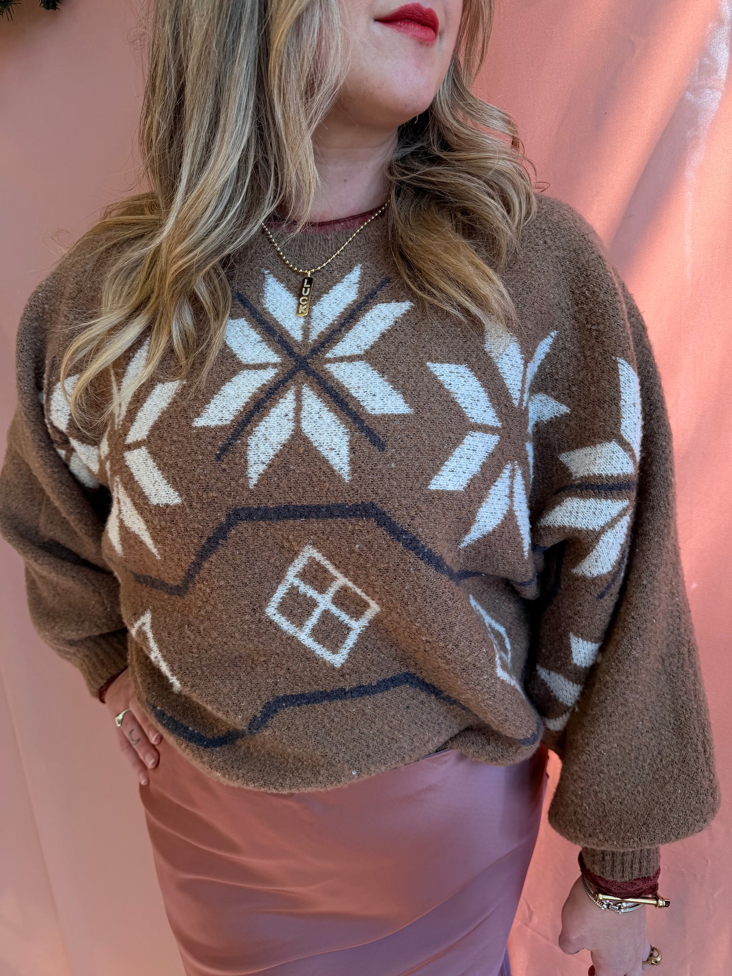 Alpine-Knit Dolman-Sleeve Sweater