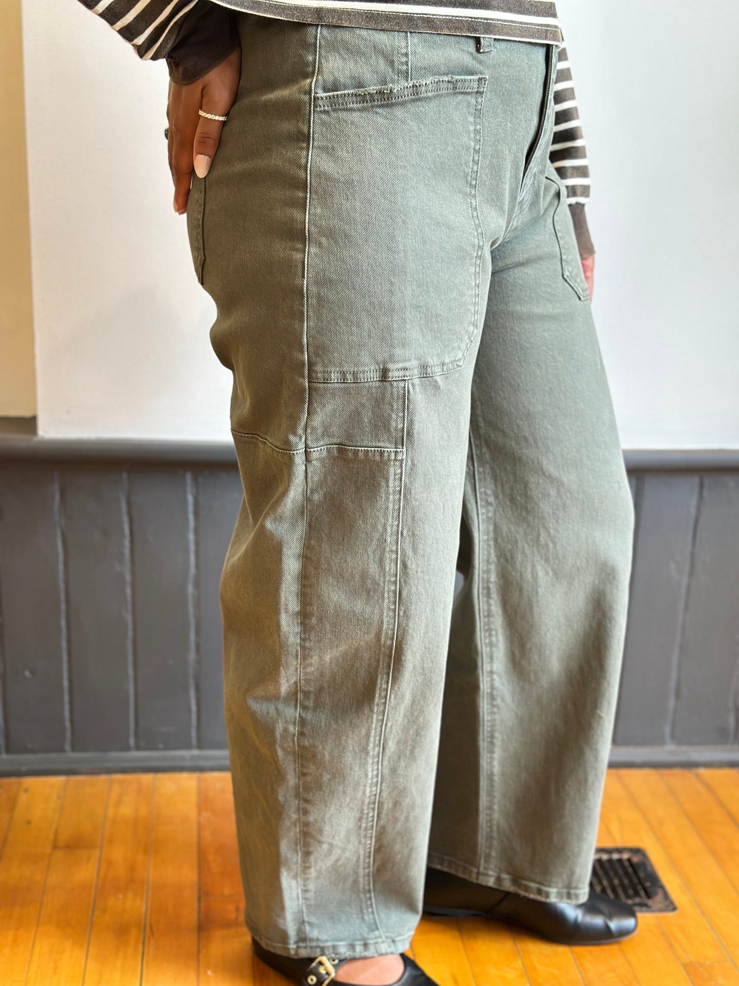 High Rise Elastic Waist Barrel Denim