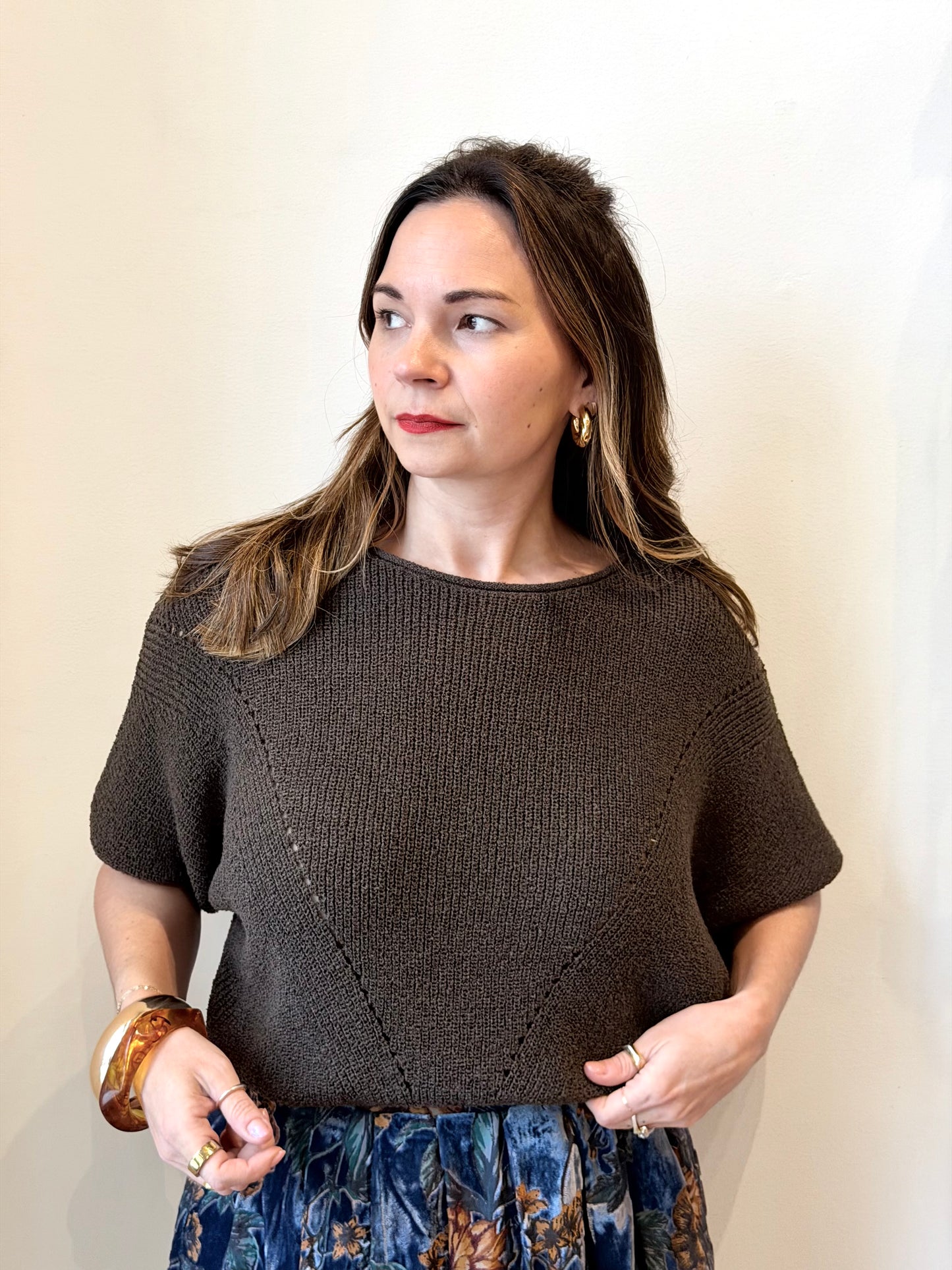 Short-Sleeve Pointelle Sweater