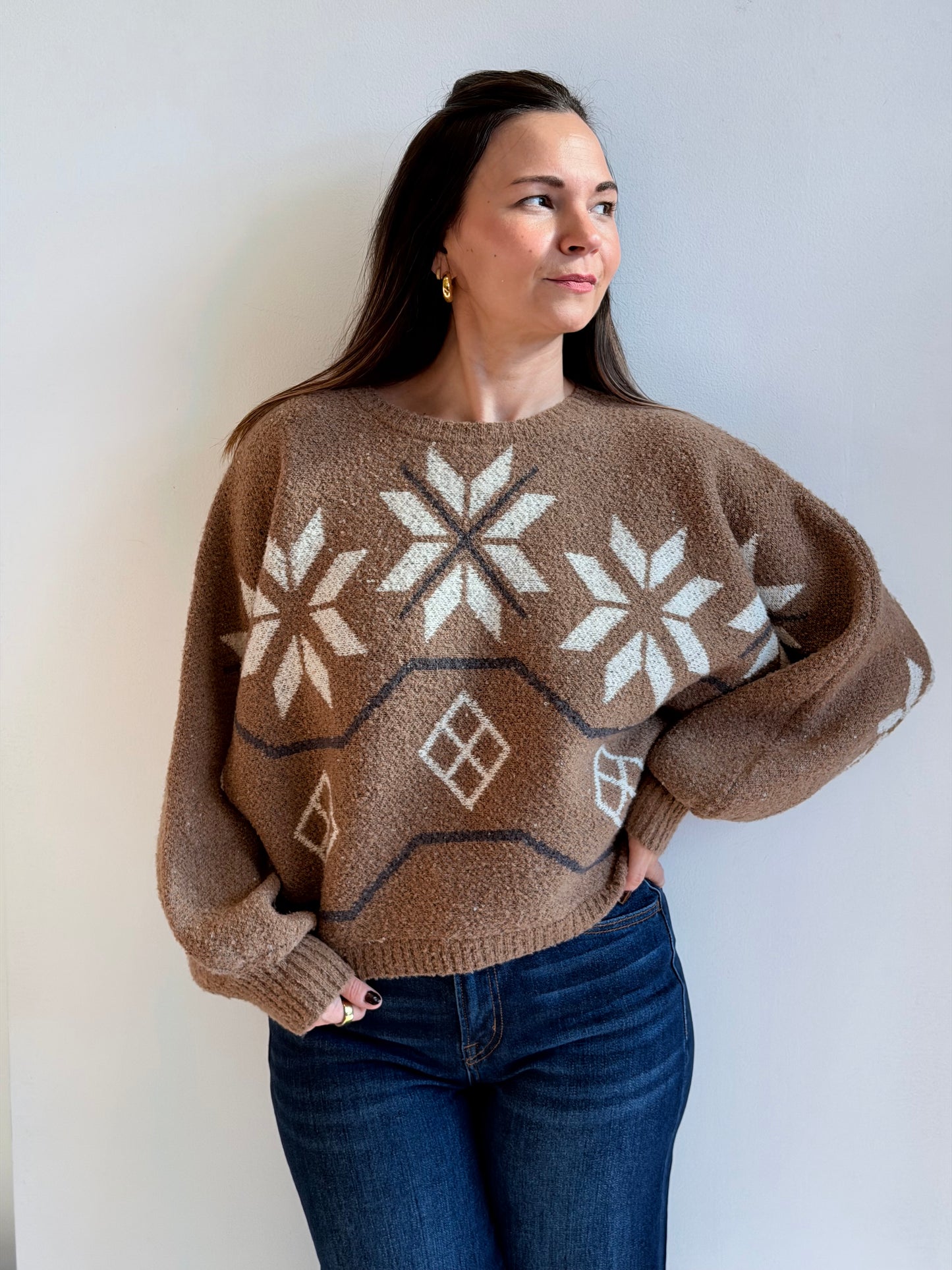 Alpine-Knit Dolman-Sleeve Sweater