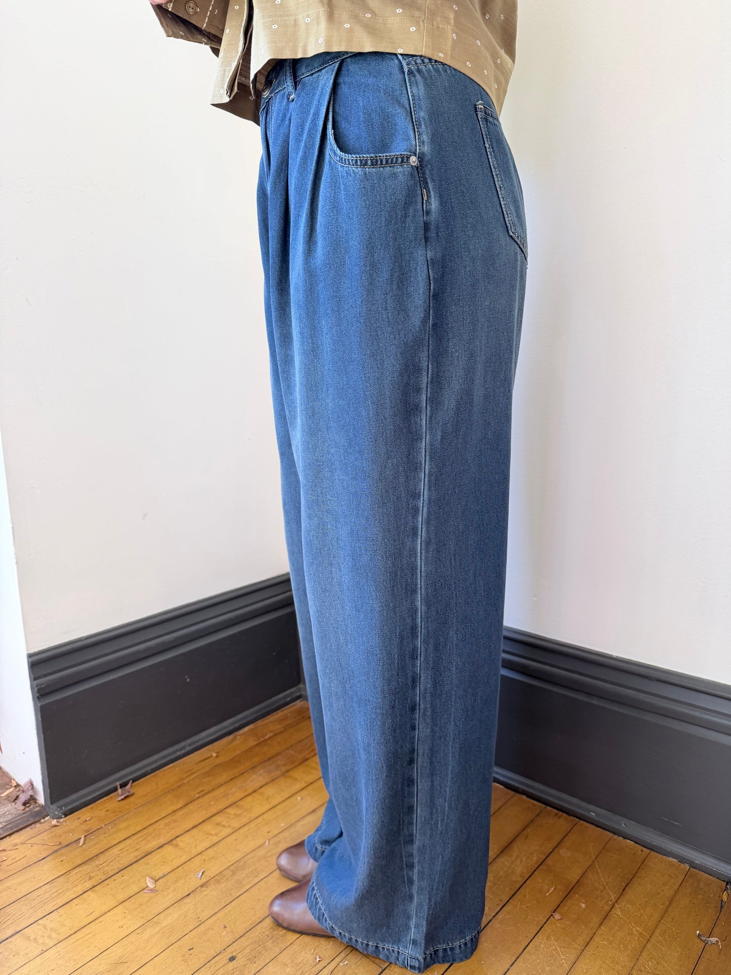 Pleated Wide-Leg Denim Pants