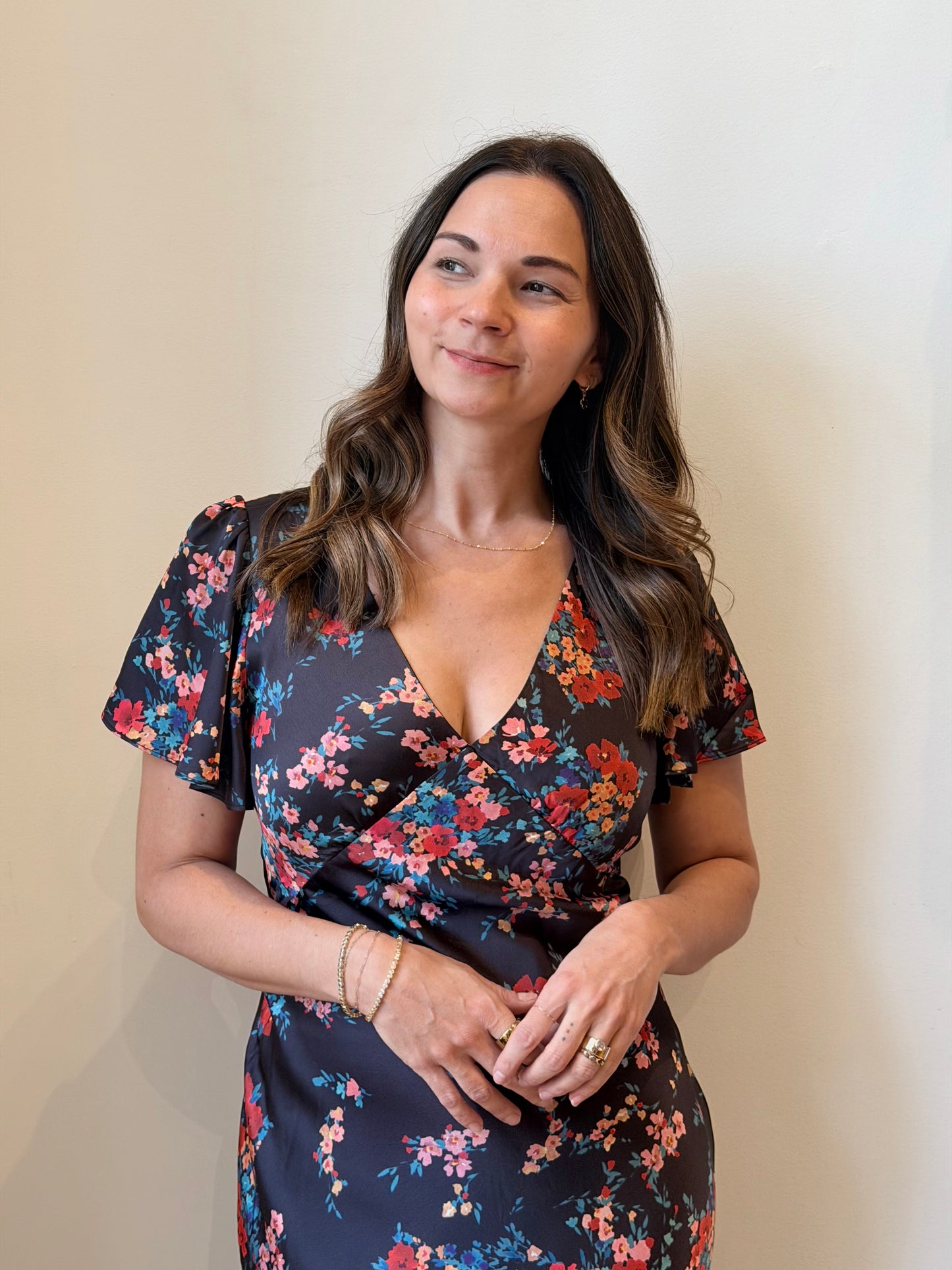 Nightfall Bloom Flutter Sleeve Dress