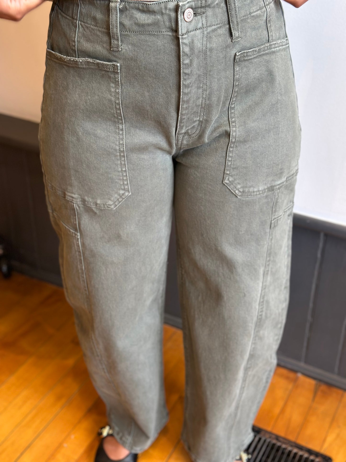 High Rise Elastic Waist Barrel Denim