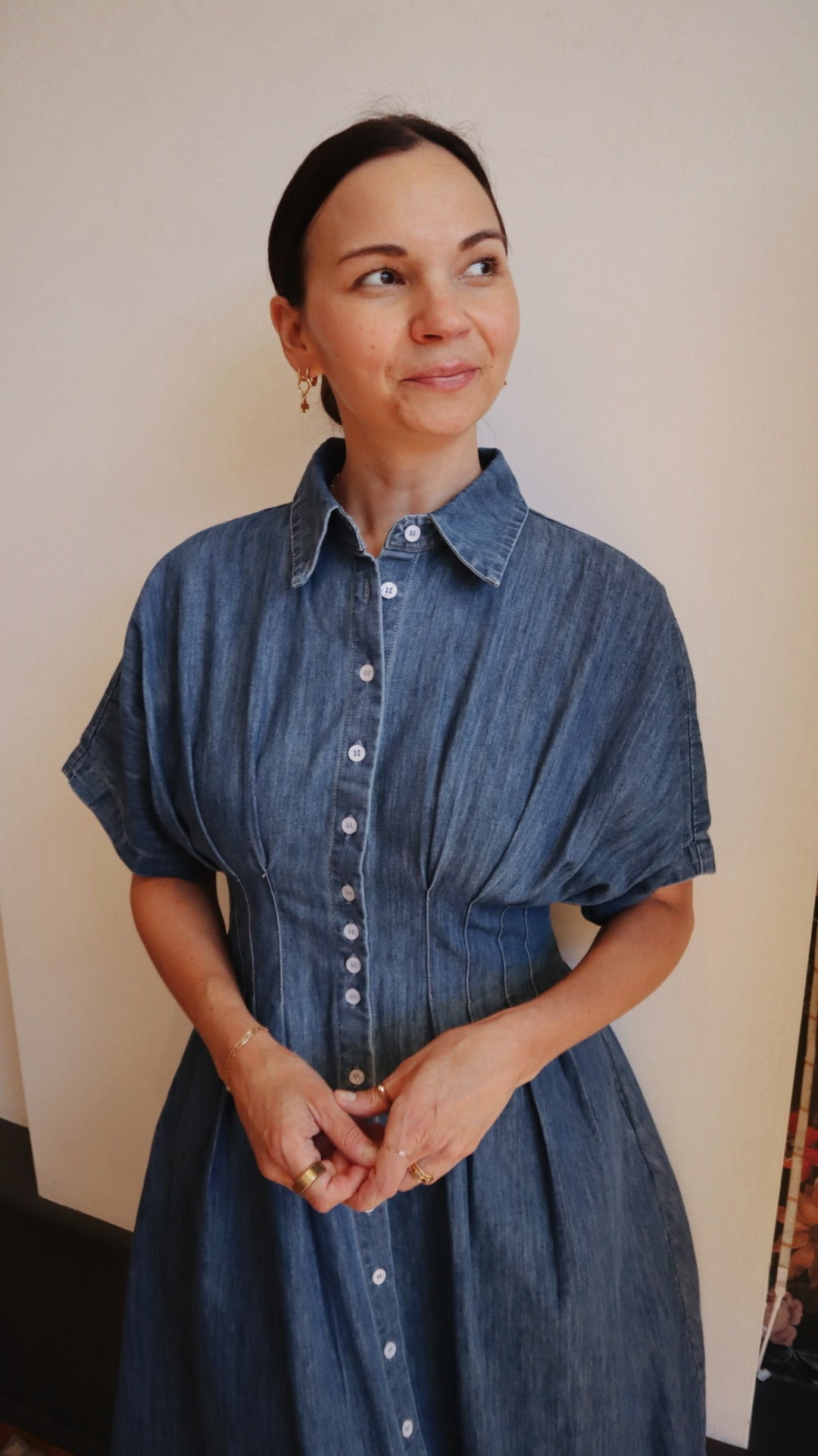 Pleated Button Front Denim Dress