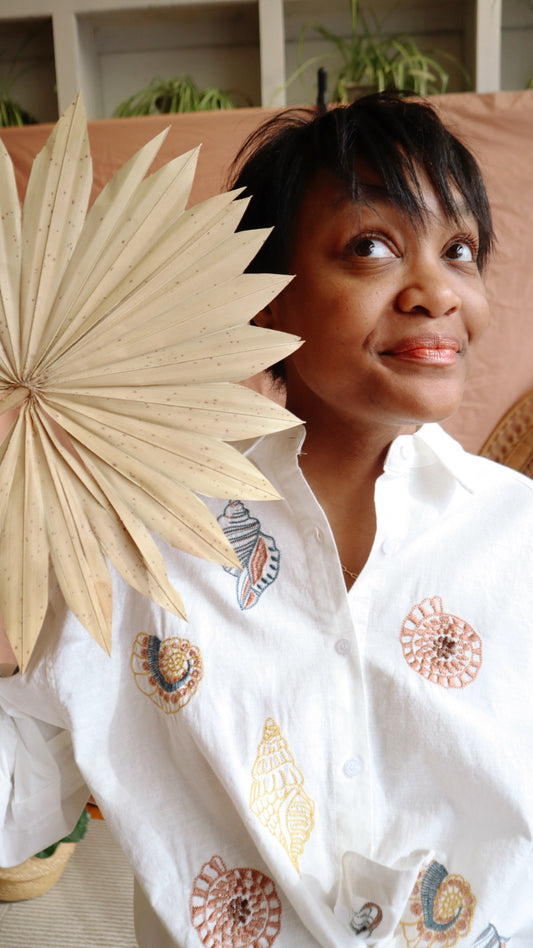 Linen Seashell Embroidered Top