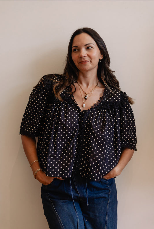 Polka Dot Lace Shirred Blouse