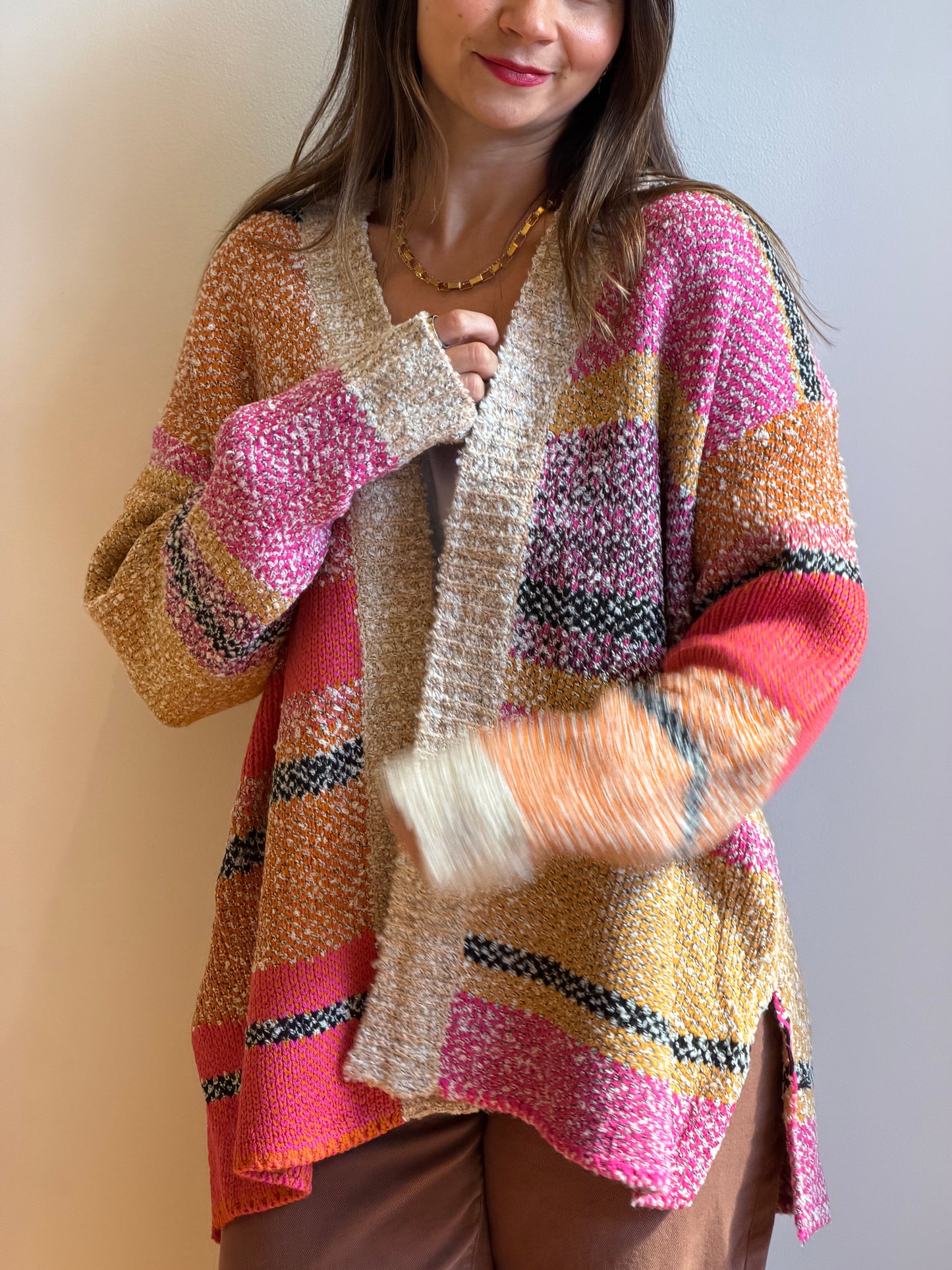 Oversized Color-block Open Cardigan