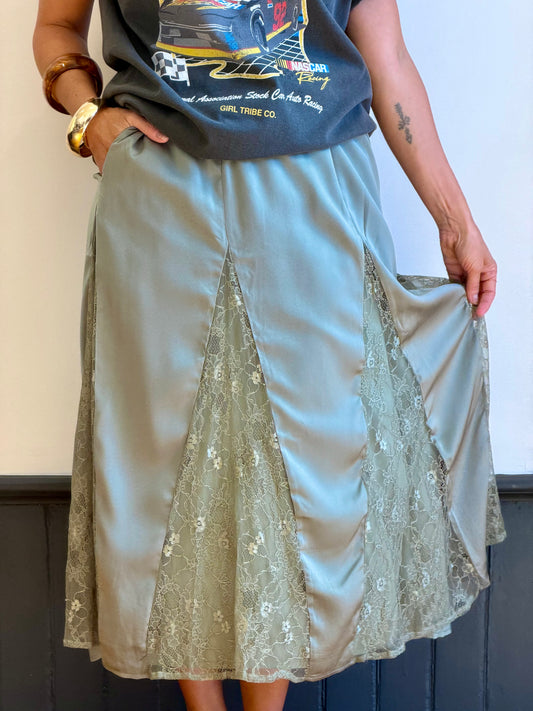 Lace Inset Satin Midi Skirt