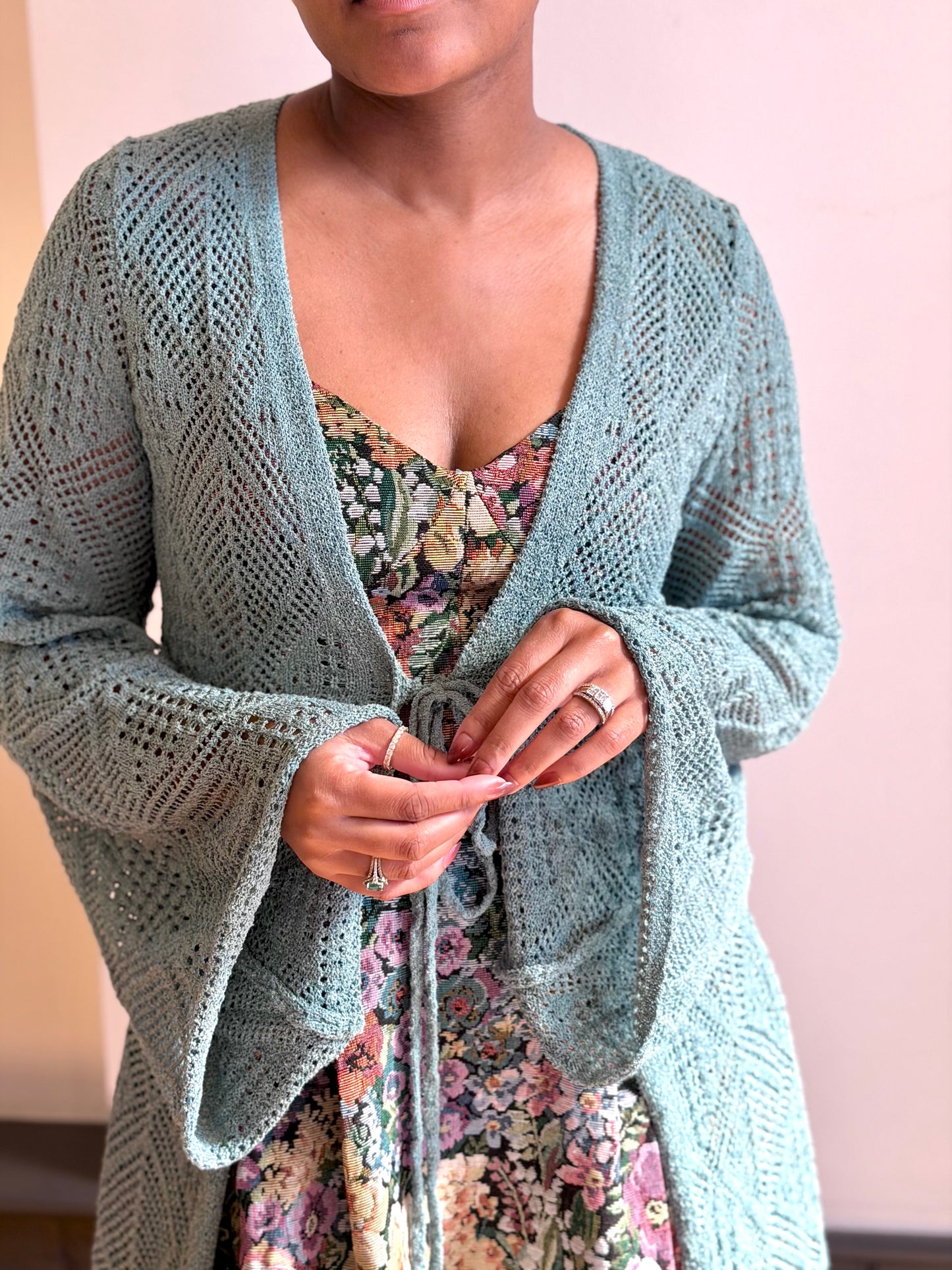 Tie-front Pointelle Crochet Duster