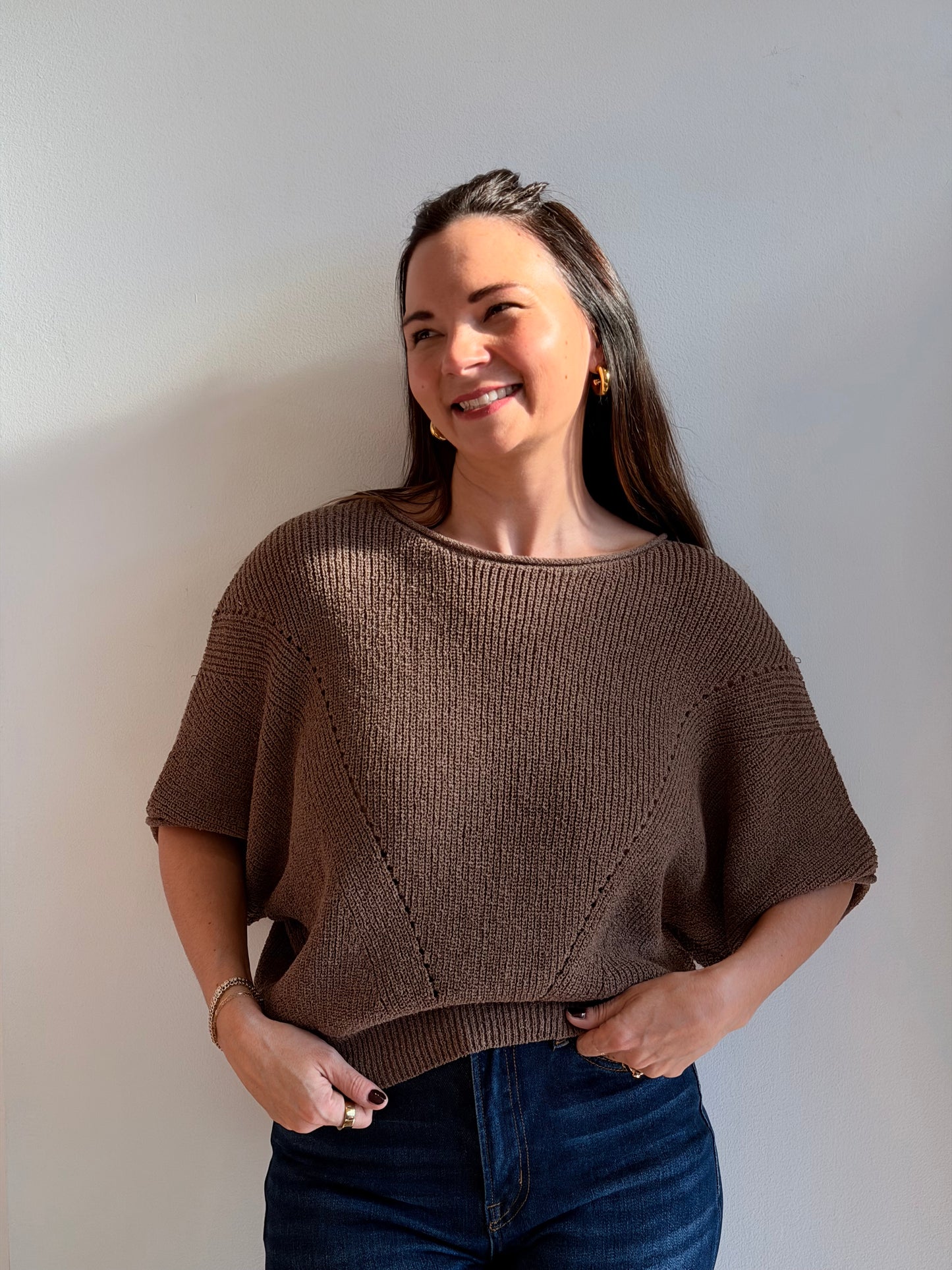 Short-Sleeve Pointelle Sweater