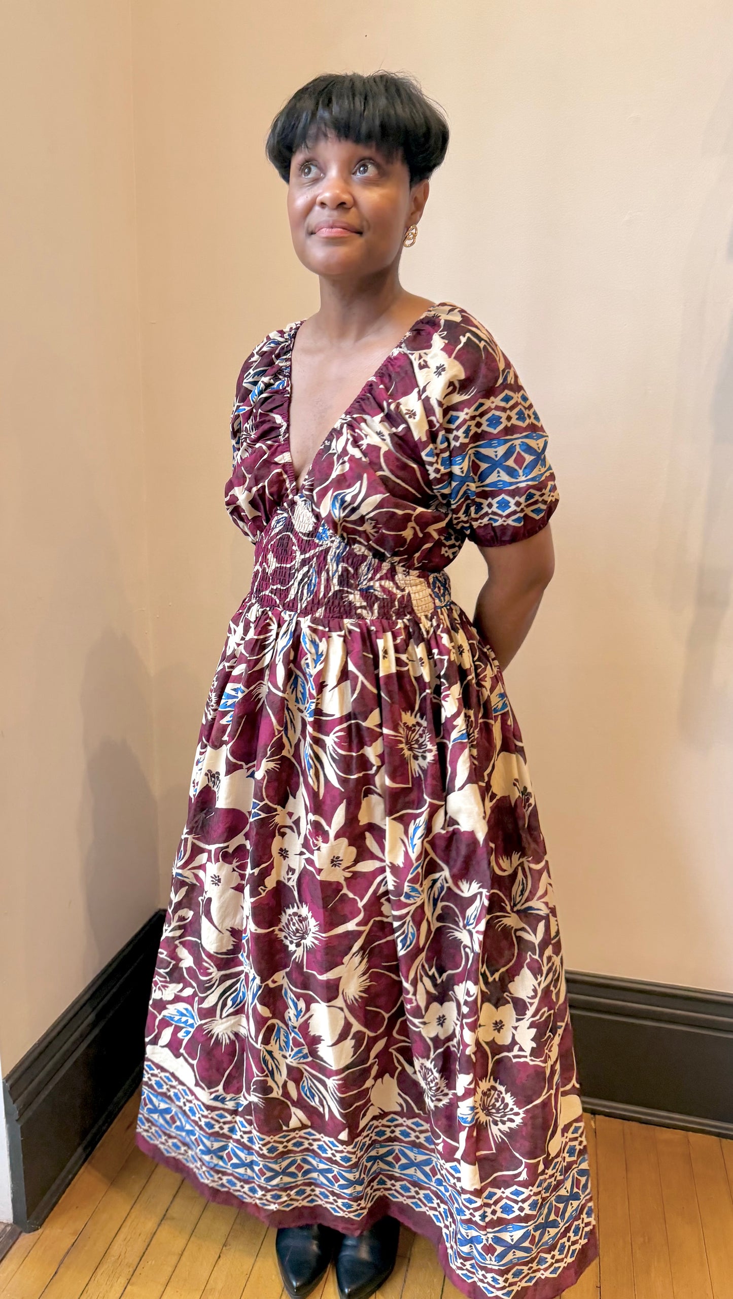 Woven Puff-Sleeve Maxi Dress