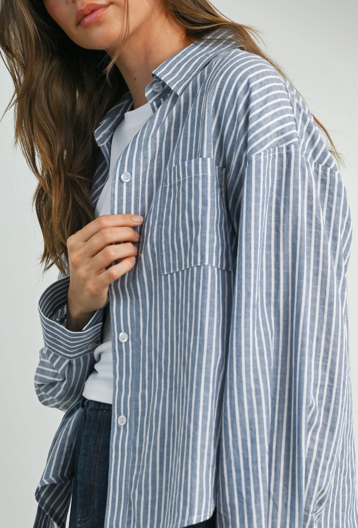 Cropped Striped Button-Up Collared Long Sleeve Top
