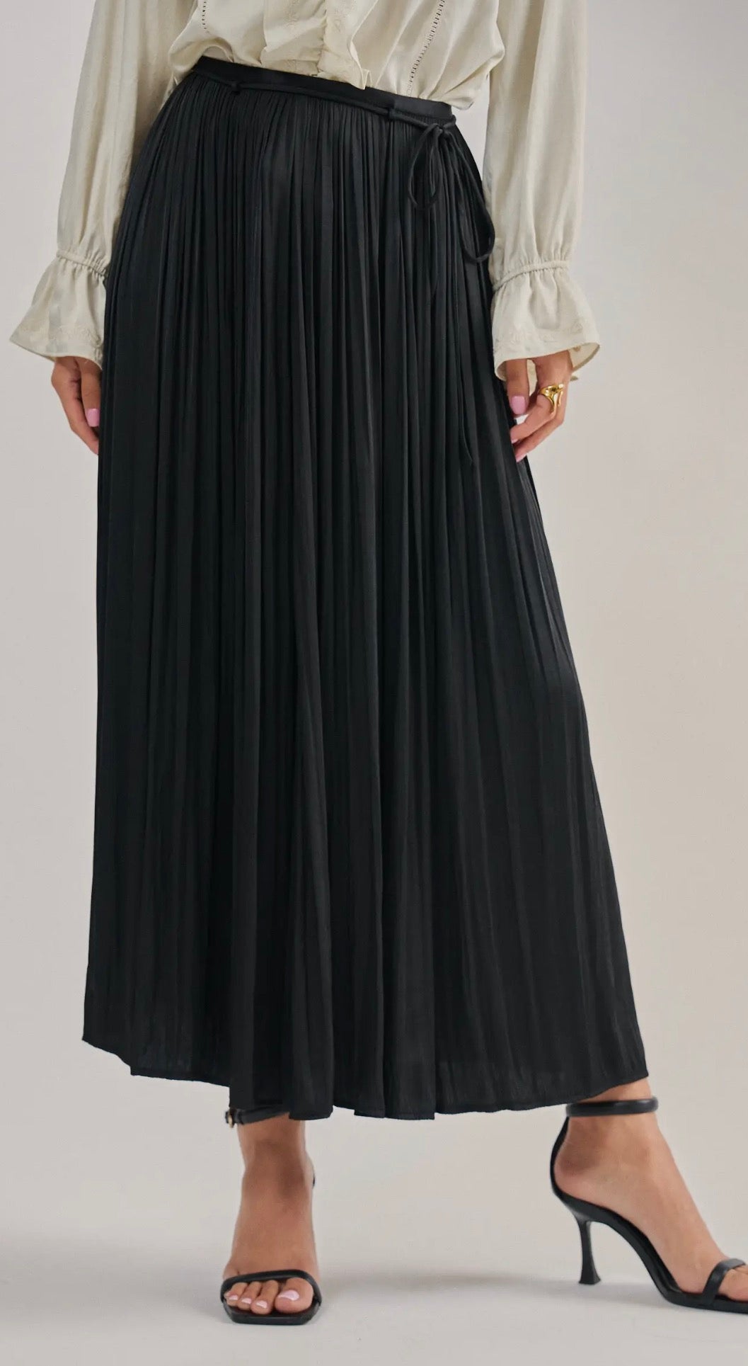 Washed Satin Crinkle Pleated Maxi Skirt