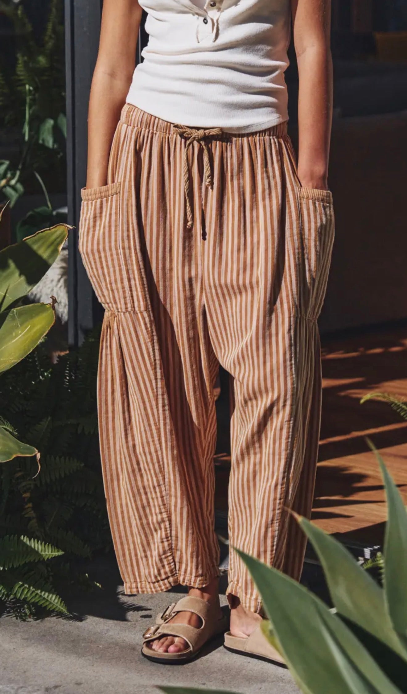 Striped Cotton Drawstring Harem Pants