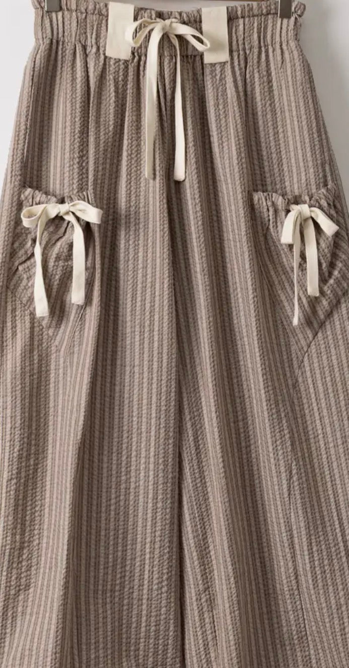 Bow Detail Stripe Textured Woven Balloon Pants