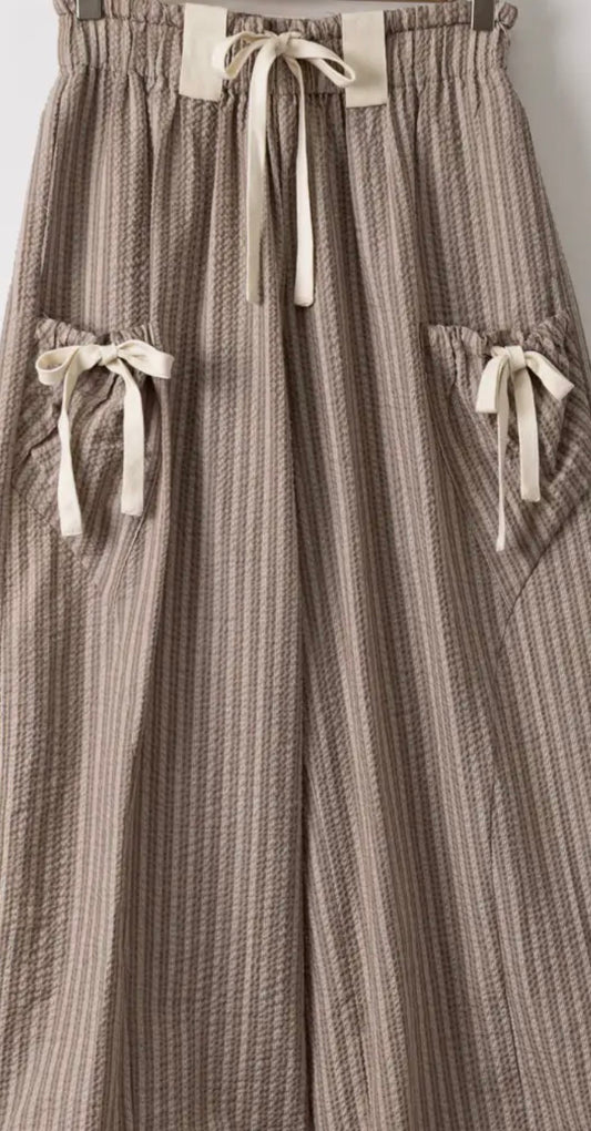 Bow Detail Stripe Textured Woven Balloon Pants