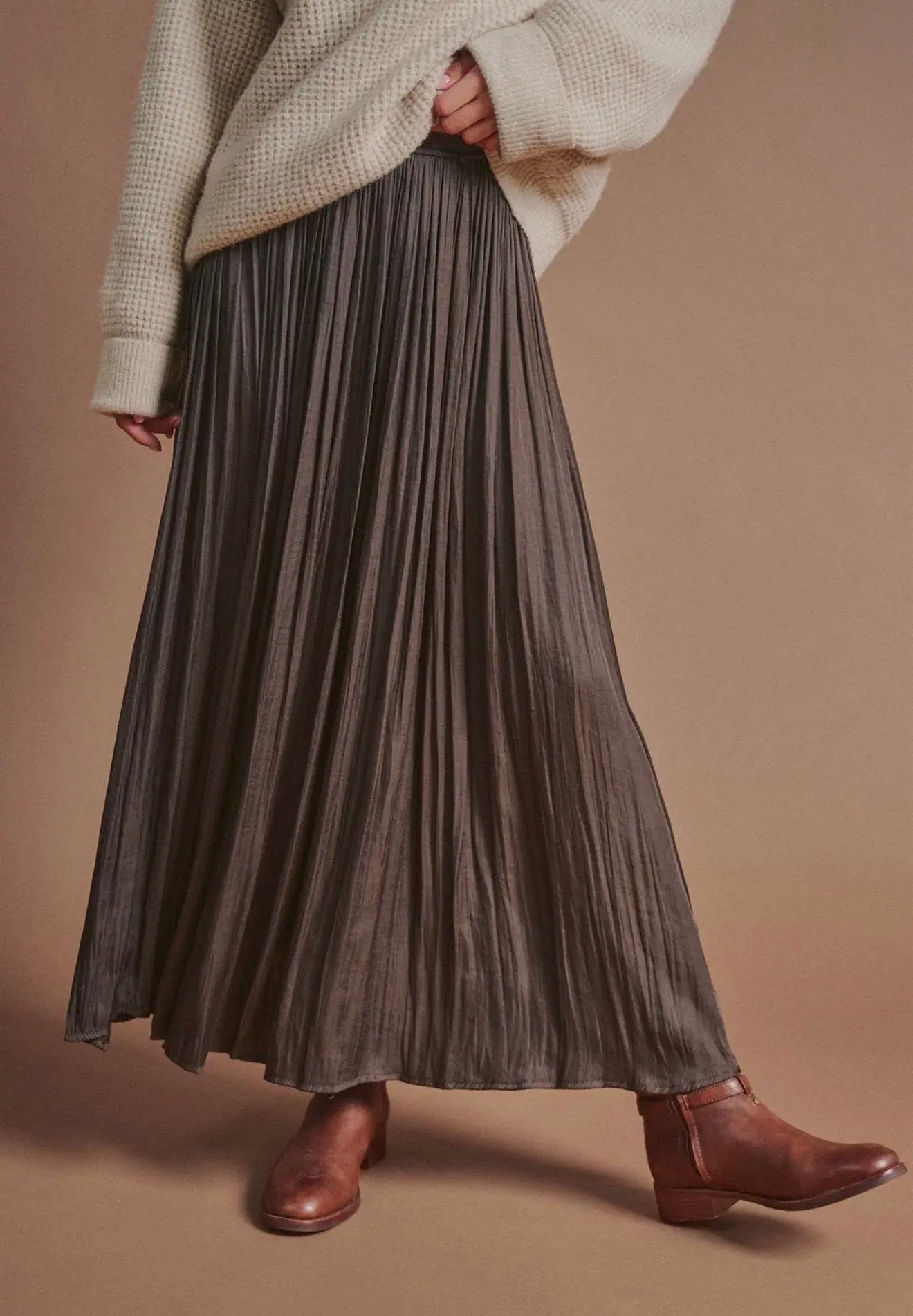 Washed Satin Crinkle Pleated Maxi Skirt