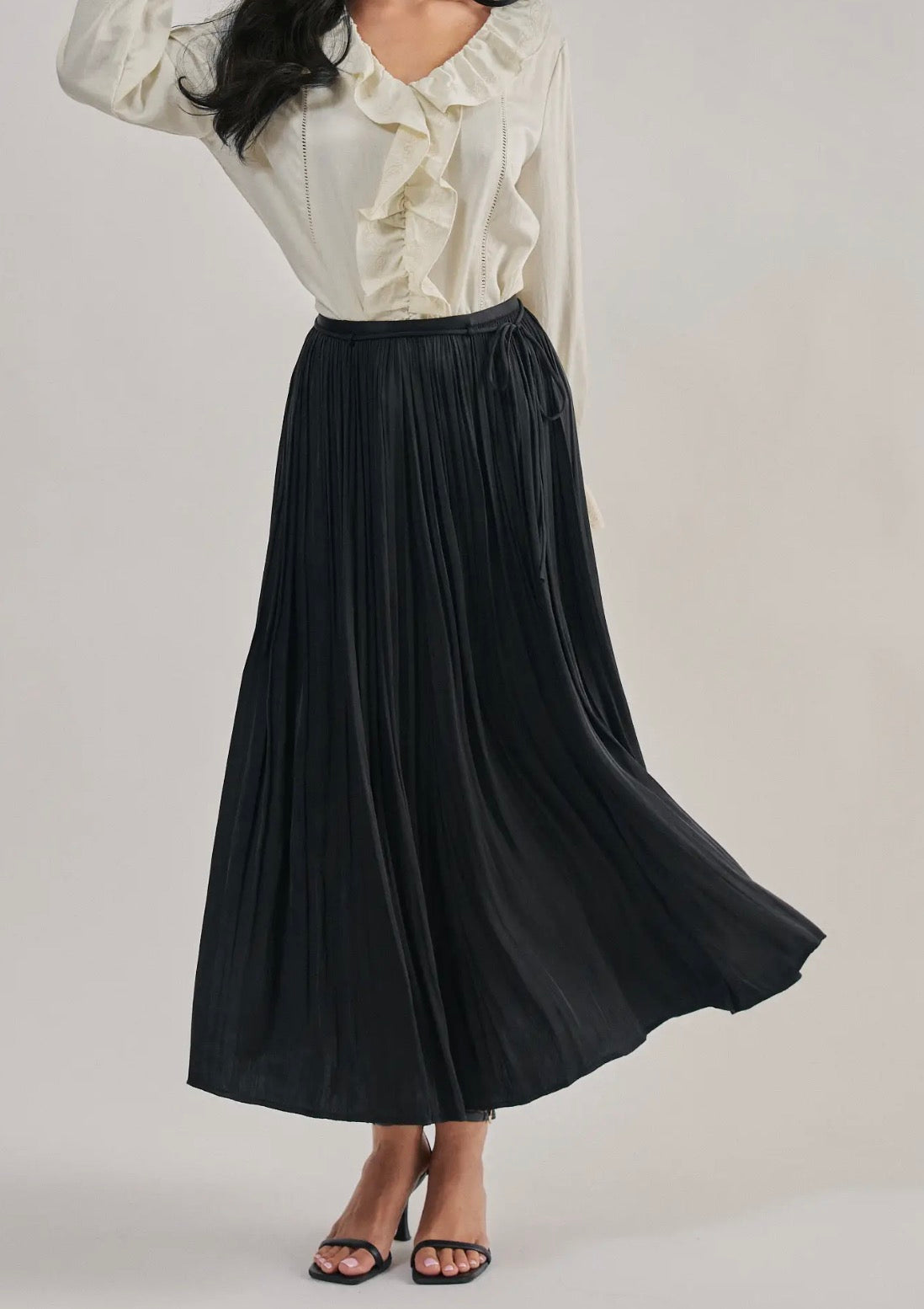 Washed Satin Crinkle Pleated Maxi Skirt