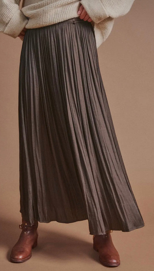 Washed Satin Crinkle Pleated Maxi Skirt