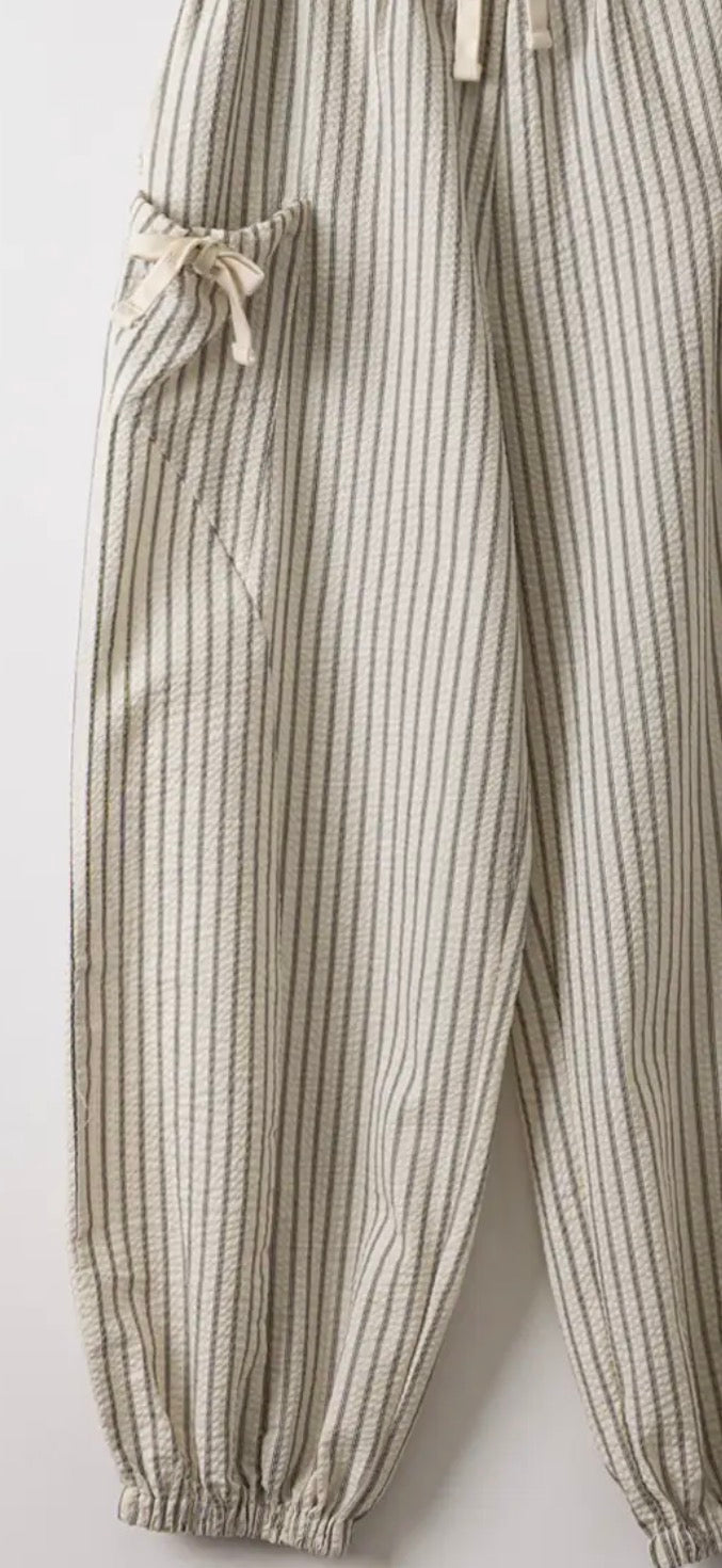 Bow Detail Stripe Textured Woven Balloon Pants