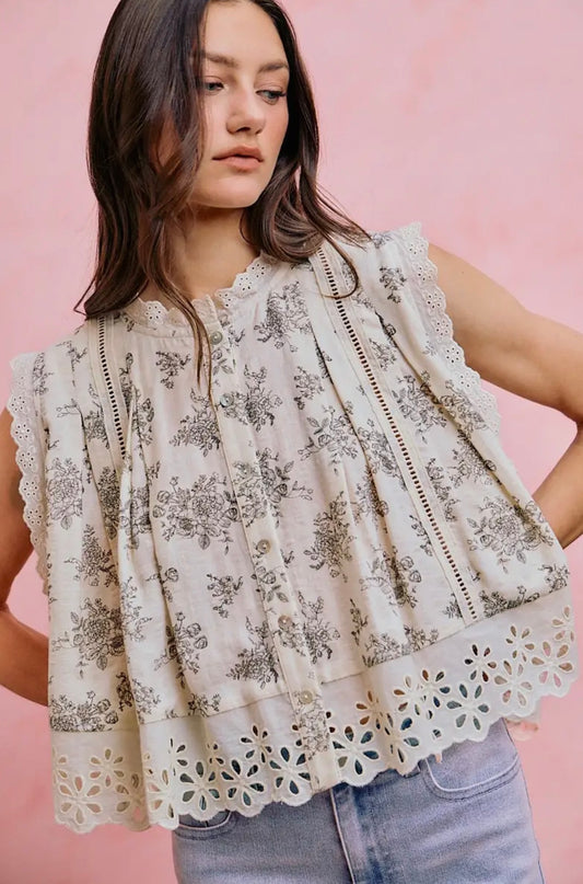 Eyelet Pleated Sleeveless Swing Top
