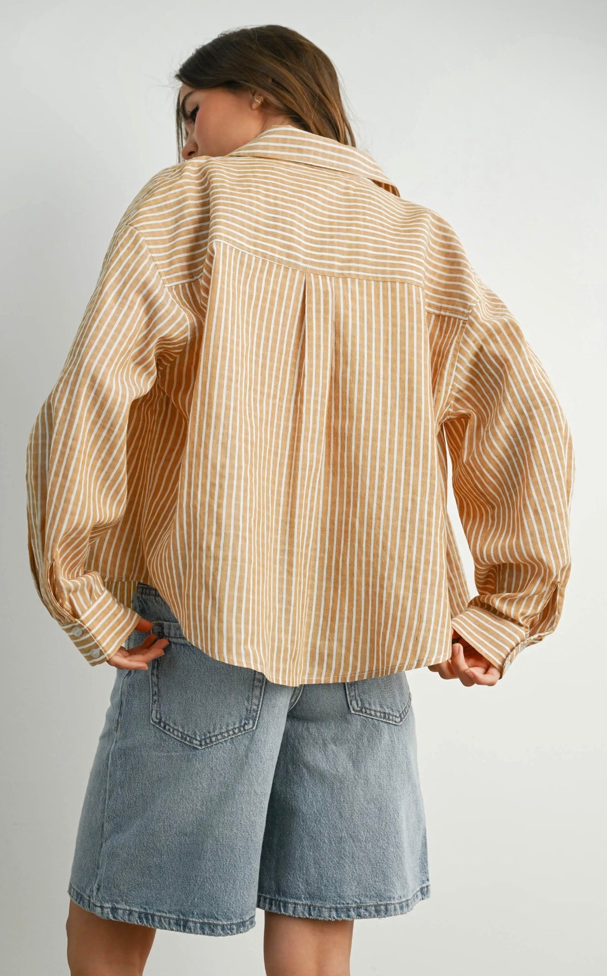Cropped Striped Button-Up Collared Long Sleeve Top