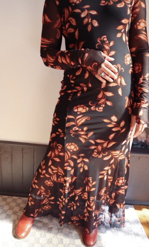 Floral Mesh Mock-Neck Maxi Dress