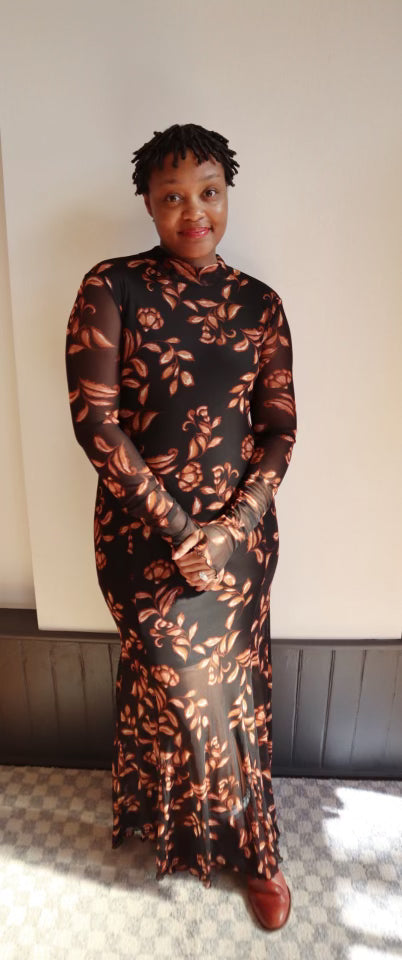Floral Mesh Mock-Neck Maxi Dress