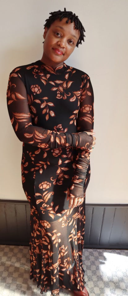 Floral Mesh Mock-Neck Maxi Dress