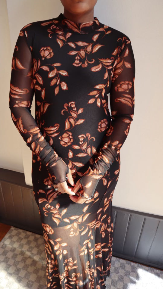 Floral Mesh Mock-Neck Maxi Dress