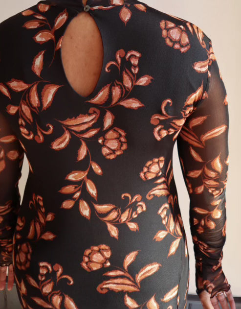Floral Mesh Mock-Neck Maxi Dress
