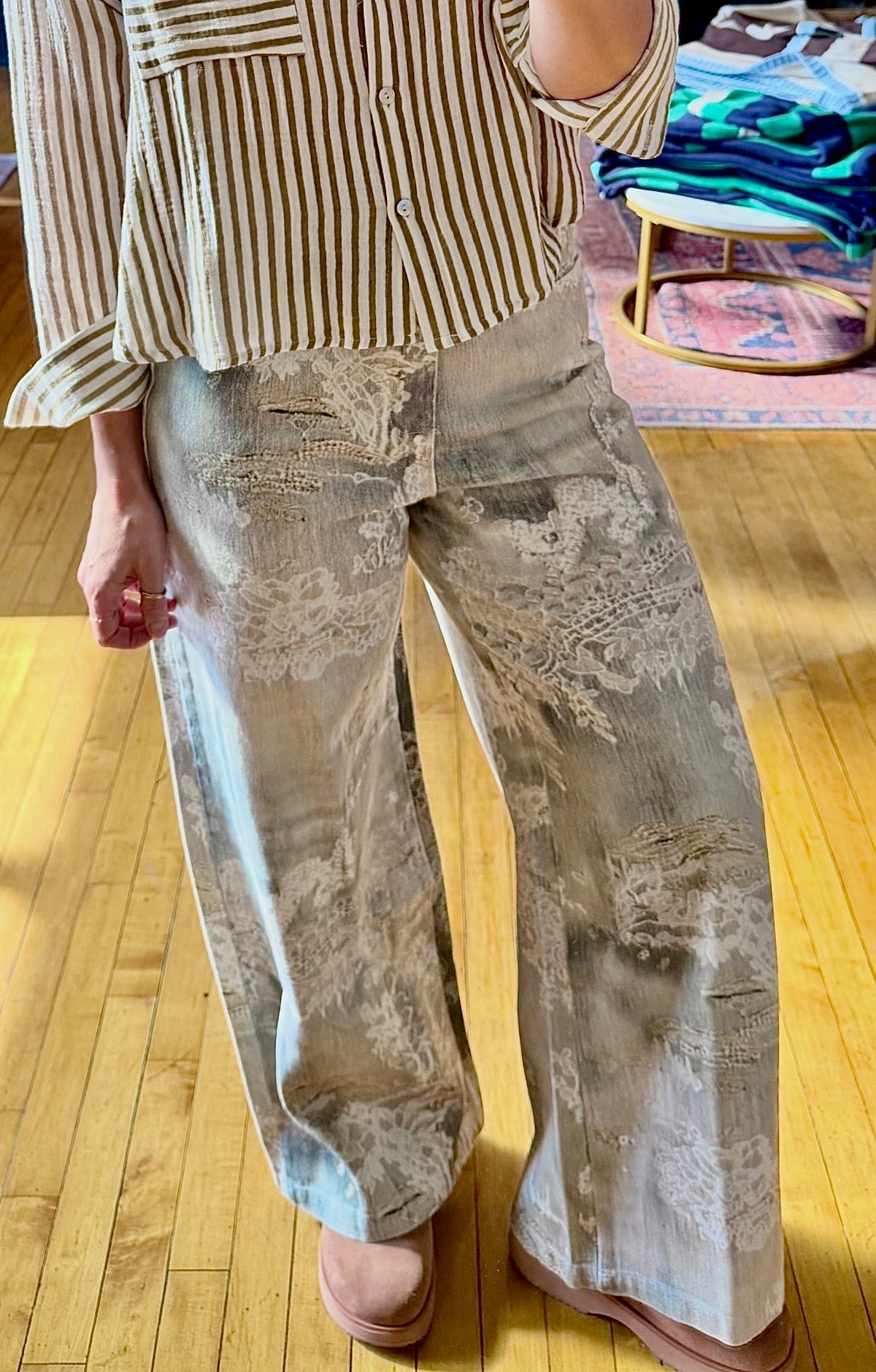 Lace Print Wide Leg Cotton Pants