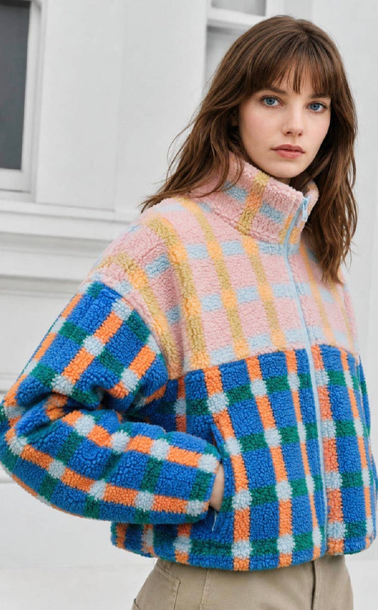 Colorblock Plaid Sherpa Zip-Up Jacket