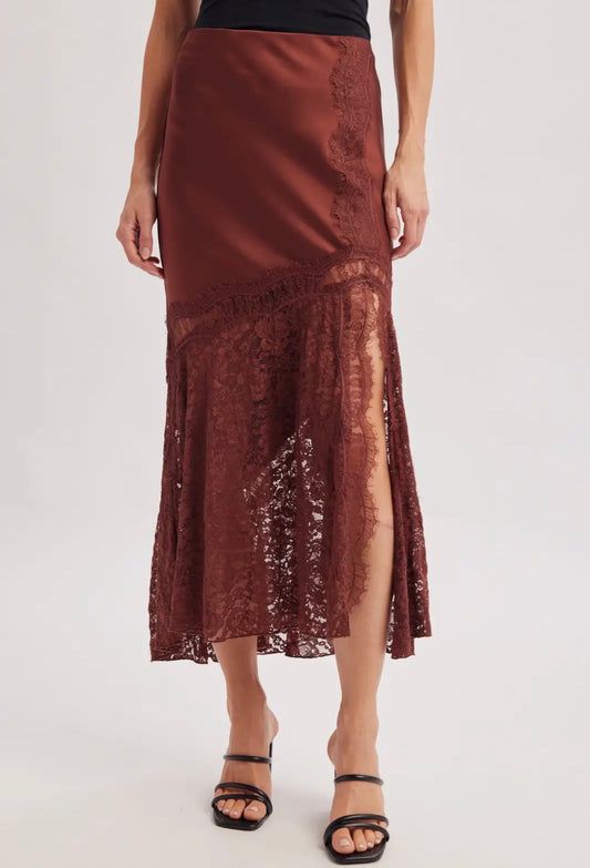Romantic Satin Lace Trimmed Split Midi Skirt
