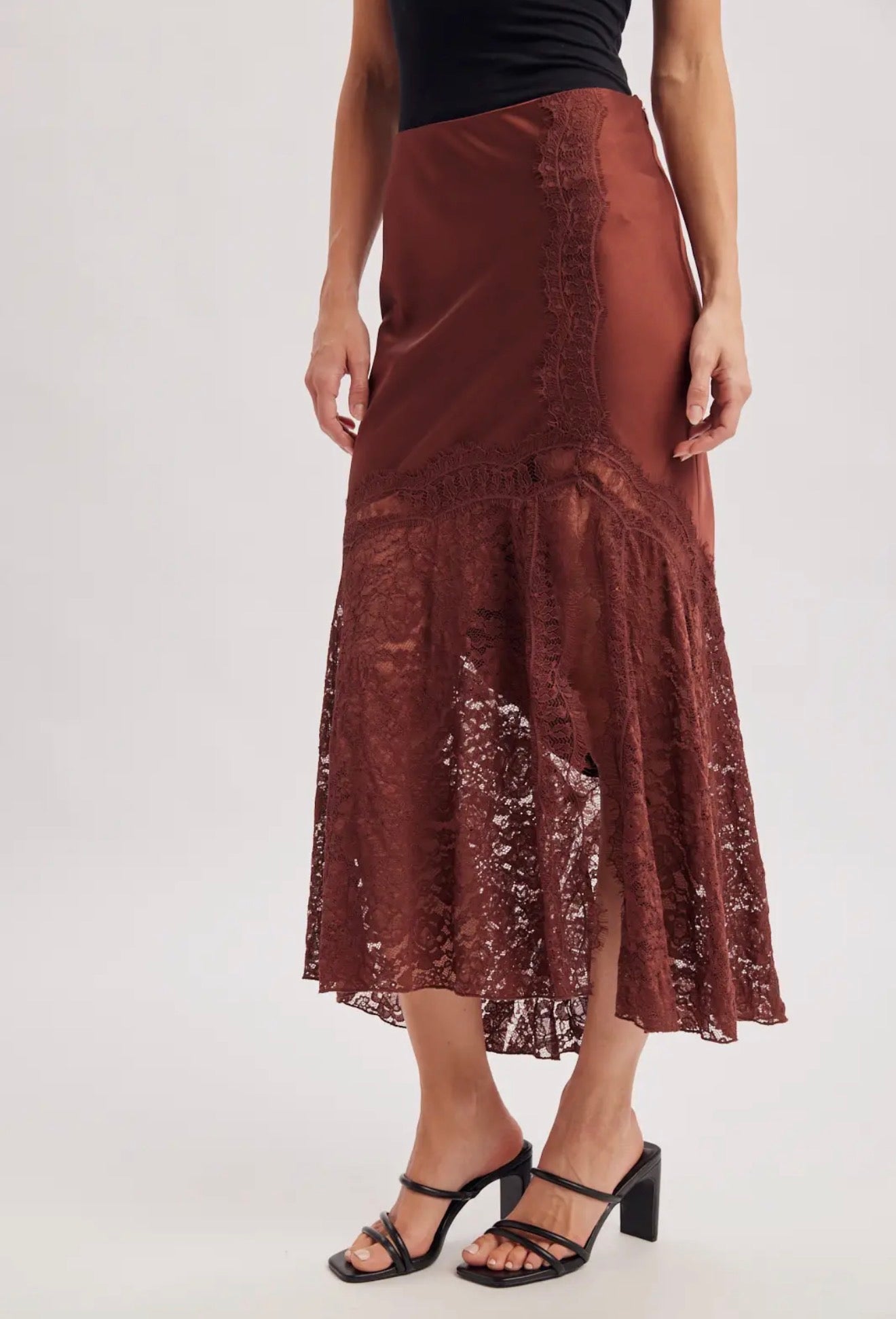 Romantic Satin Lace Trimmed Split Midi Skirt
