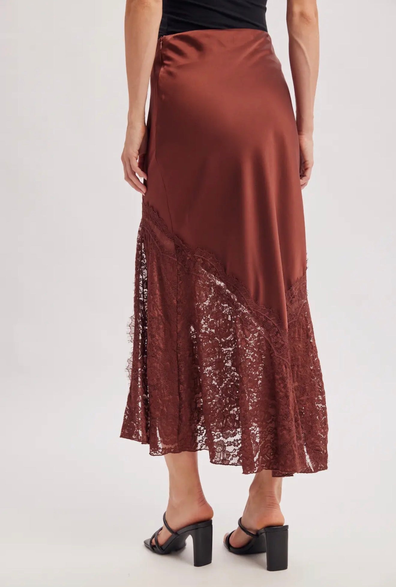 Romantic Satin Lace Trimmed Split Midi Skirt