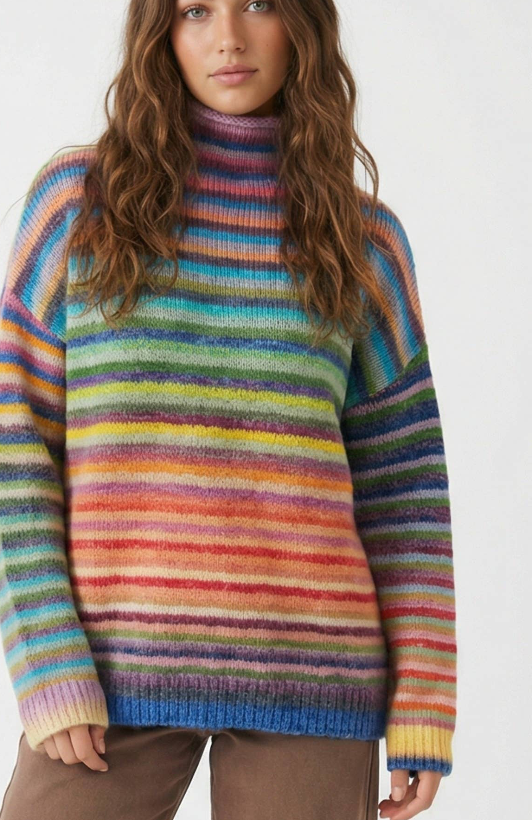 Mock Neck Multi Striped Sweater