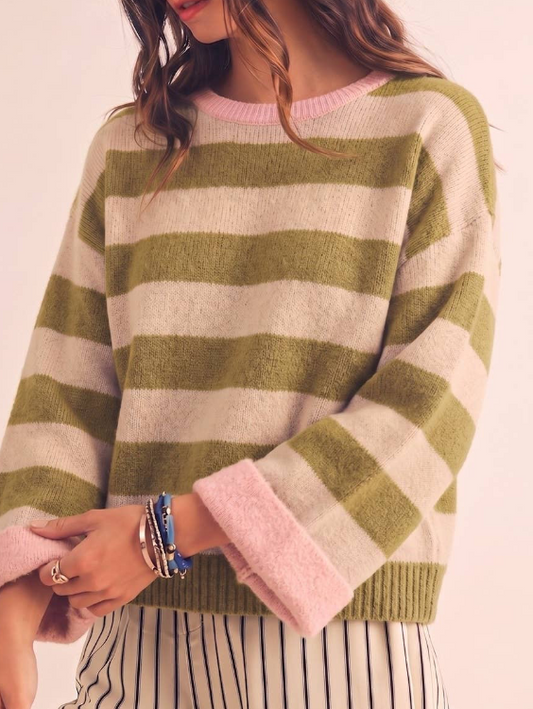 Stripe Relaxed Contrast Cuff Sweater