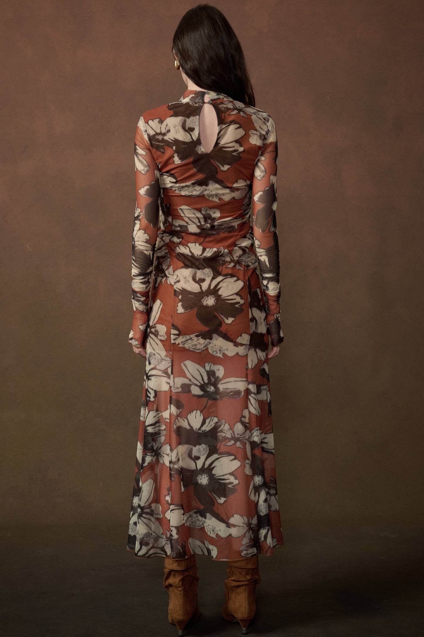 Floral-Print Mesh Mock-Neck Thumbhole Maxi Dress