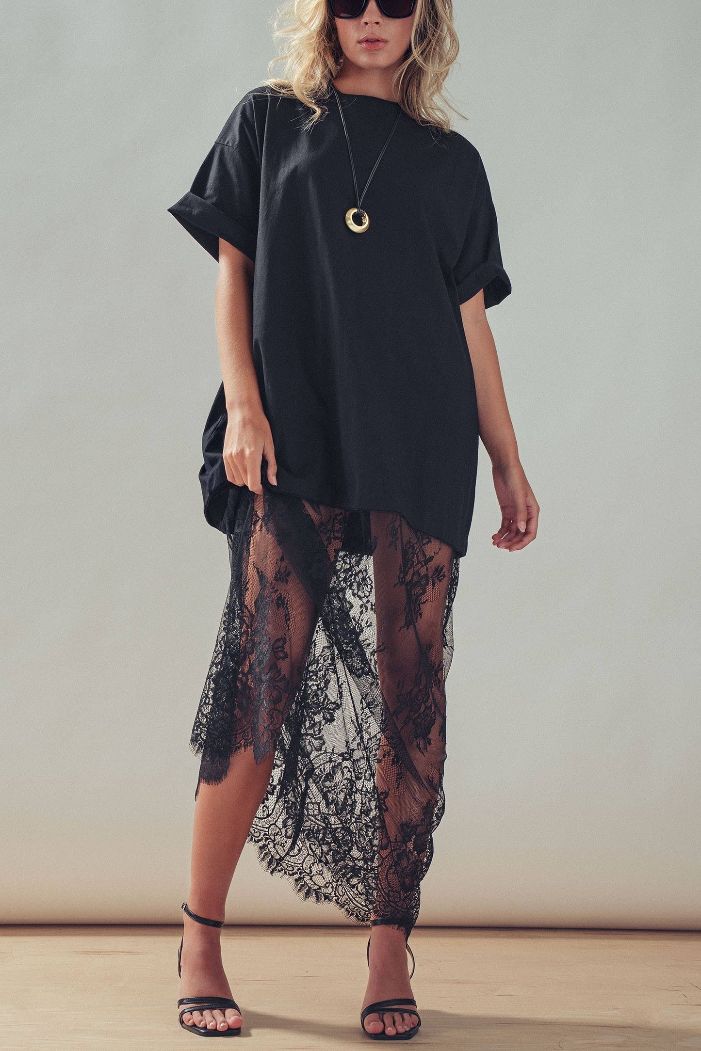 Mixed-Media Lace T-Shirt Dress