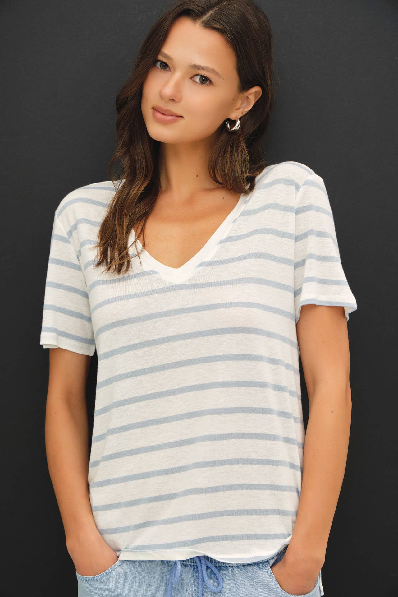 Linen Stripe V-Neck Tee