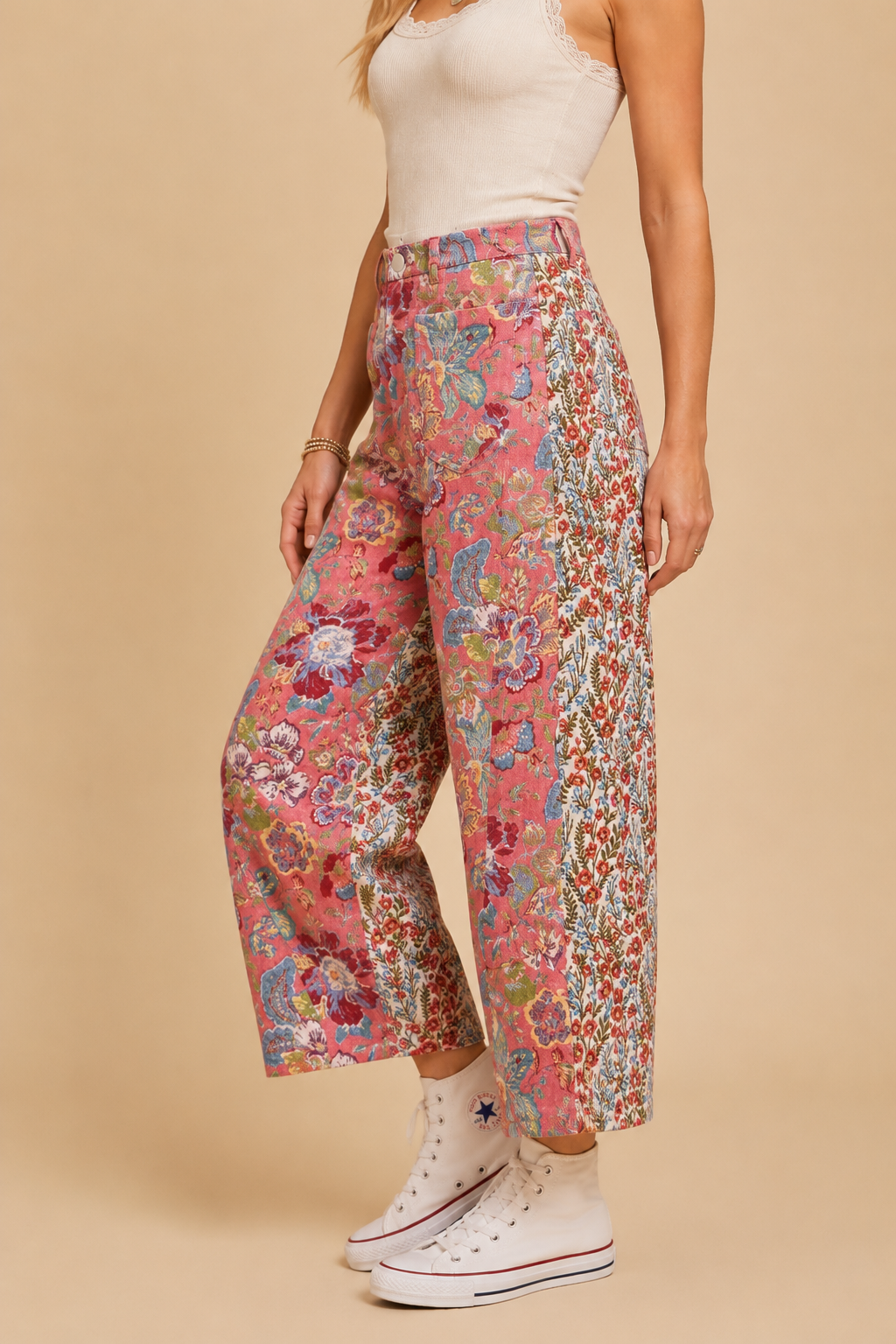 Tapestry Mixed-Print Wide-Leg Barrel Fit Pants