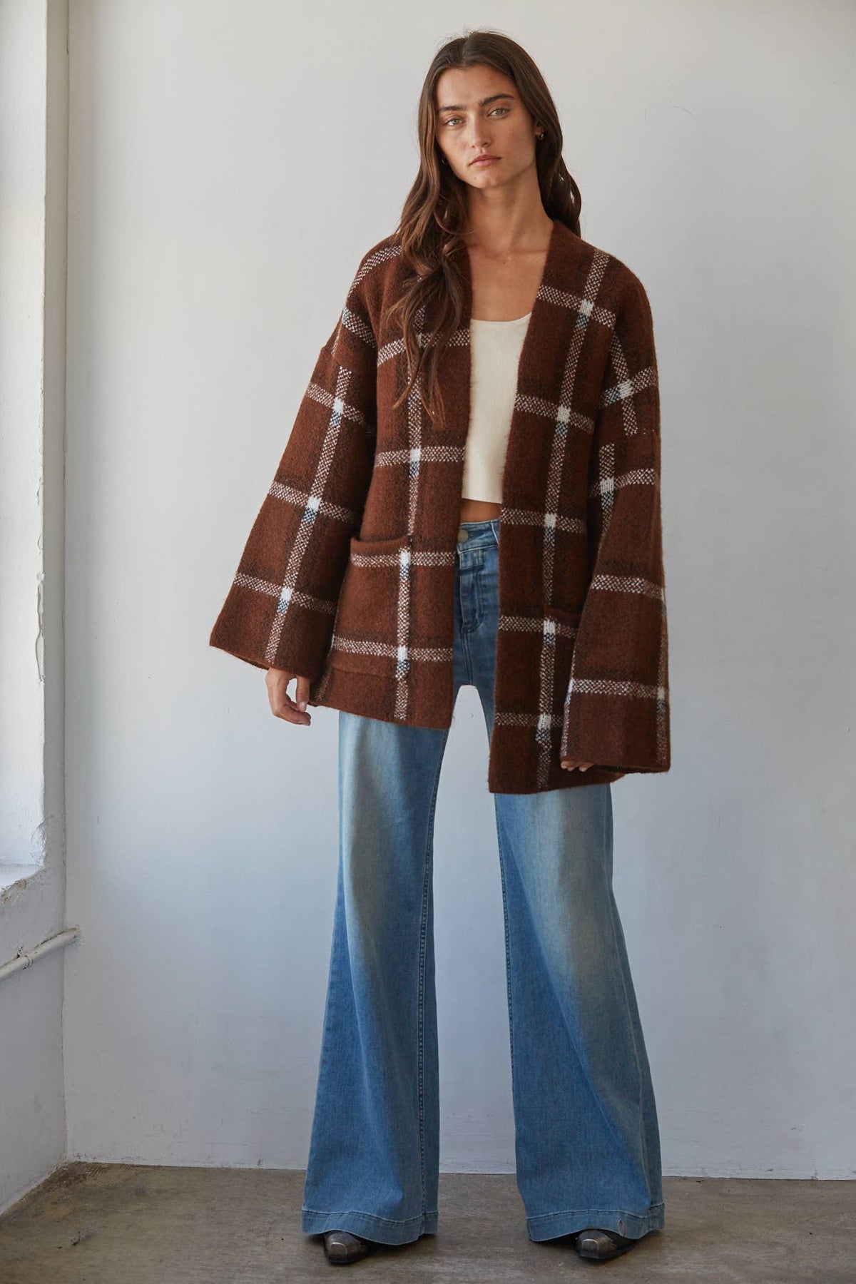 Cozy Plaid Jacquard Open-Front Cardigan