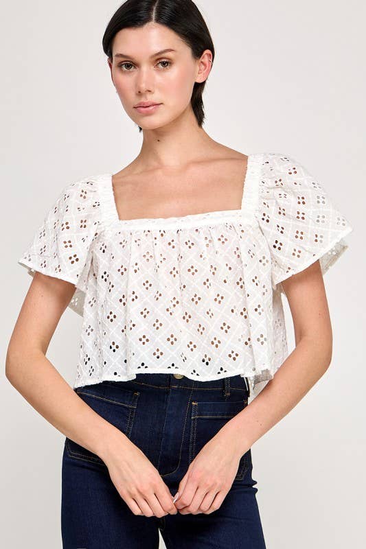 Cropped Eyelet Flutter Blouse